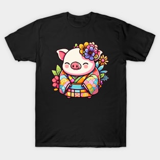 Japanese pig Otaku Floral T-Shirt